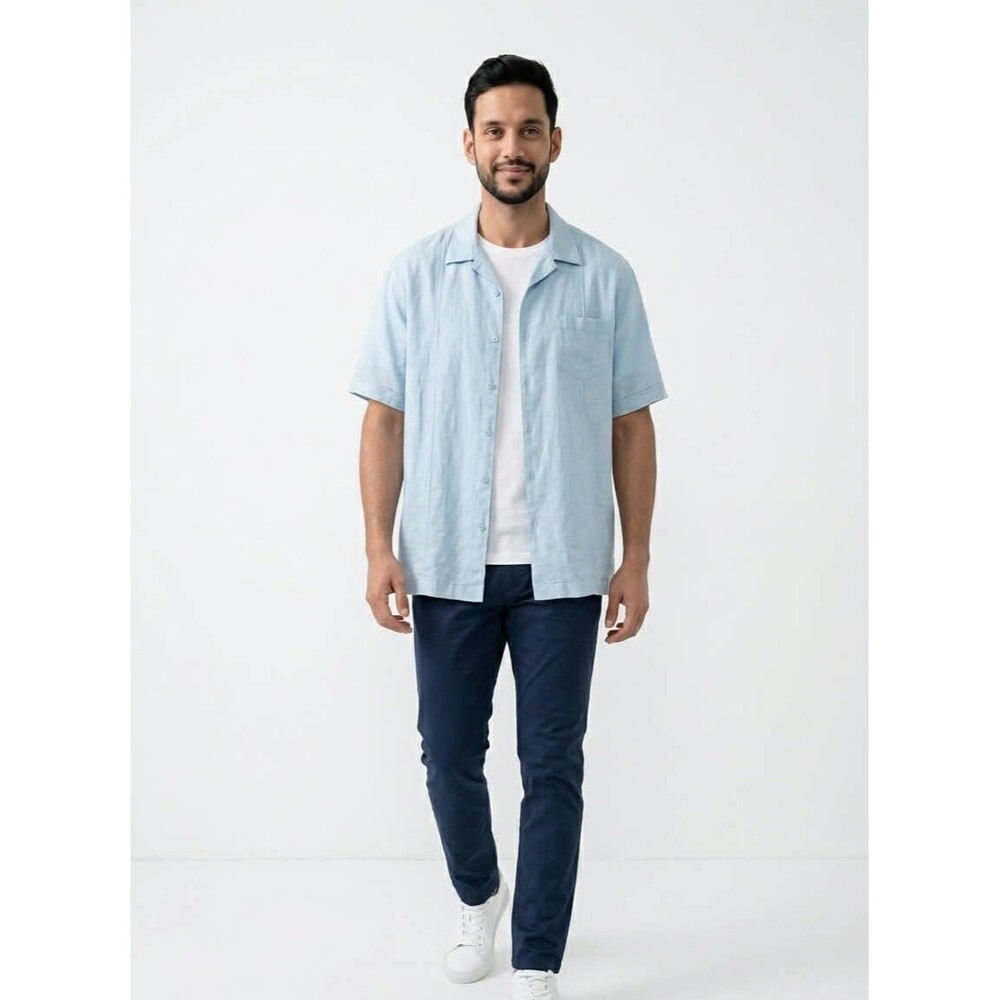 MENS BUTTON UP LINEN COTTON SHIRT BLUE XL SHORT SLEEVE CAFE LUNA LIGHT - Picture 14 of 16